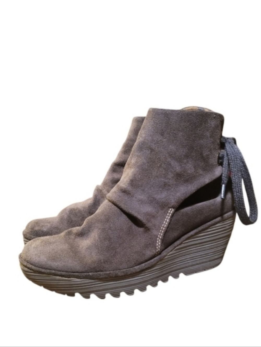 Fly London Yama Wedge Bootie Suede Slouchy Ankle Boots Sludge Brown Sizs 40 US 9